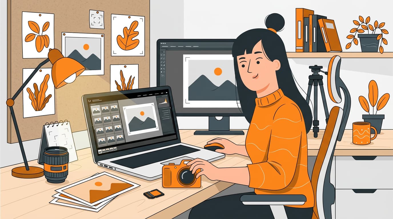 Illustration of a photographer editing photos at a desk with a laptop and camera