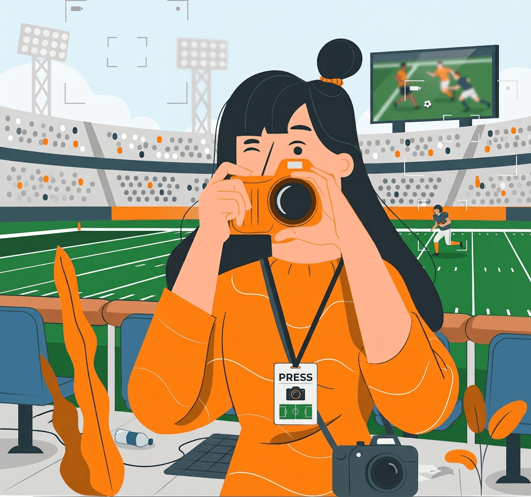 Sports photographer with a telephoto lens covering an event at a stadium