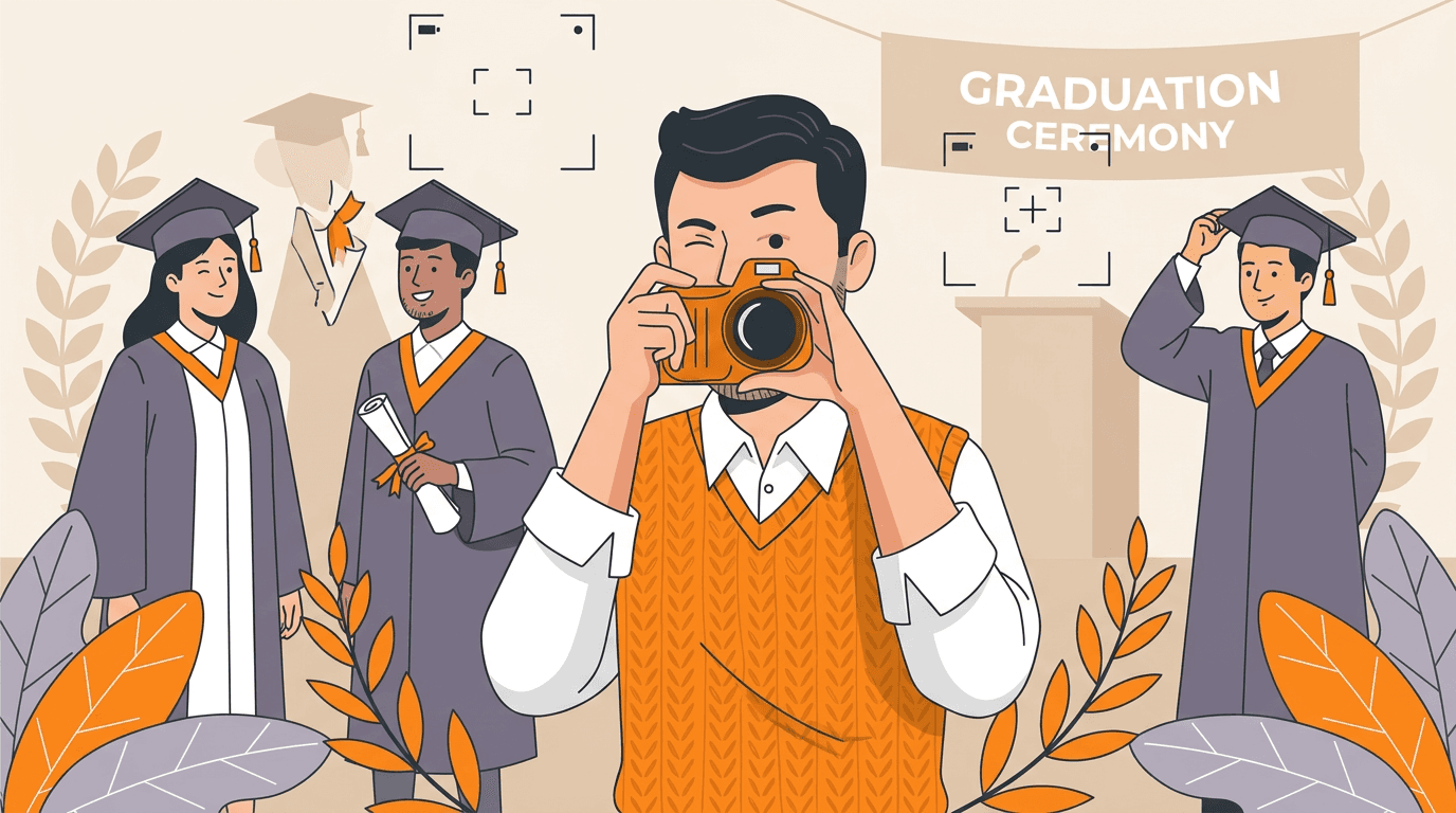Illustration of a photographer capturing graduates at a ceremony