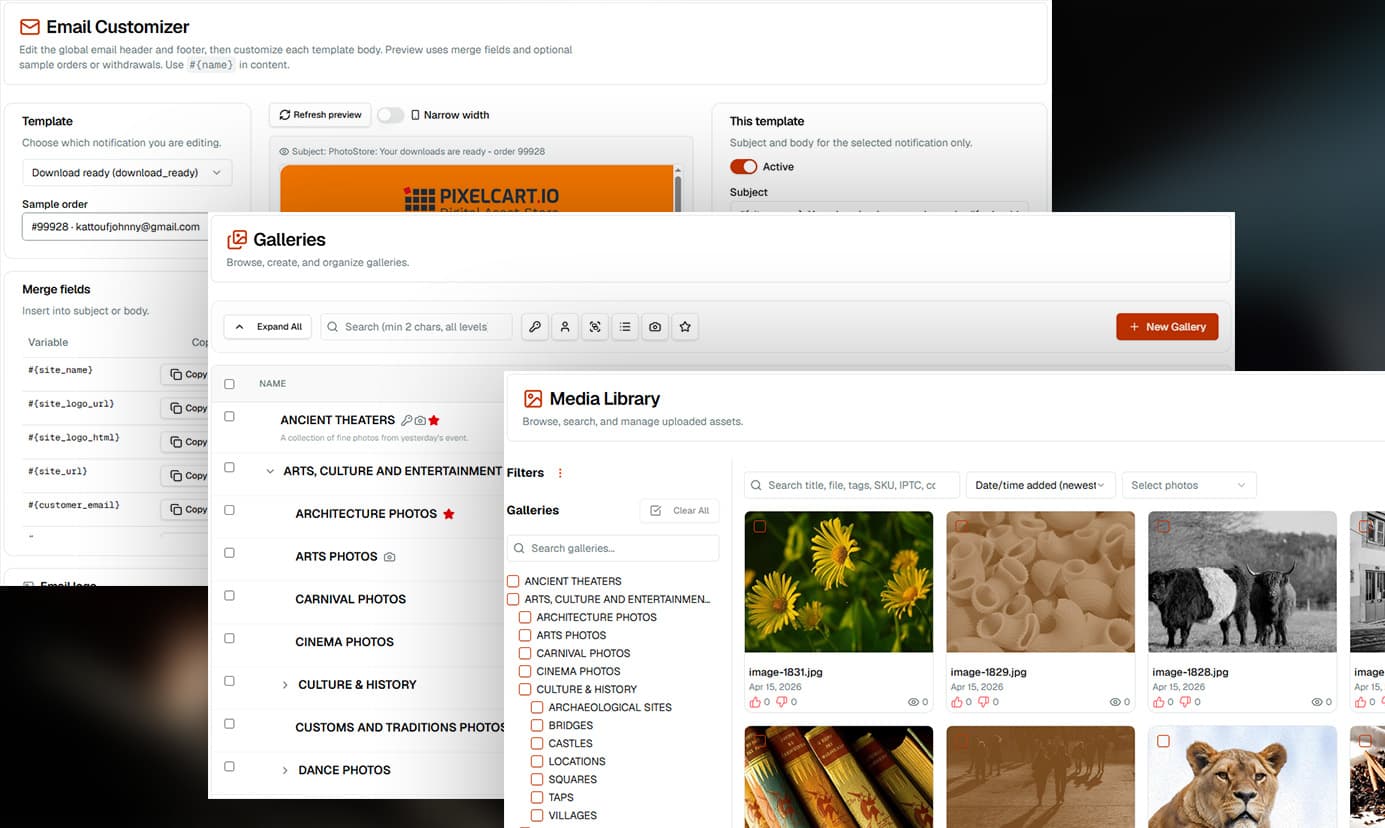 Media Library: Browse, search, and manage uploaded assets across your galleries. Watermark images, enable access controls or add contributors.