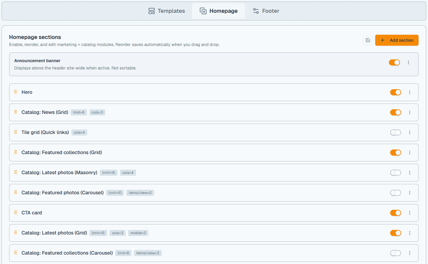 Storefront homepage modules editor showing hero, galleries, carousels, and CTA sections